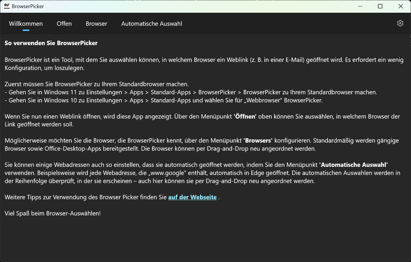 BrowserPicker - Willkommensseite mit grundlegenden Anweisungen zur Verwendung (dunkler Modus).