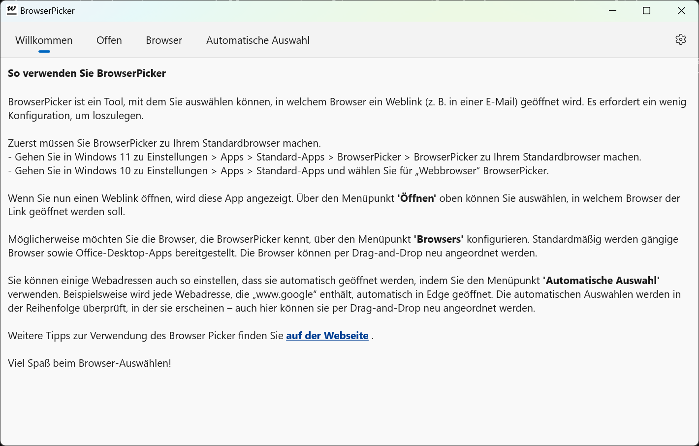 BrowserPicker - Willkommensseite mit grundlegenden Anweisungen zur Verwendung.