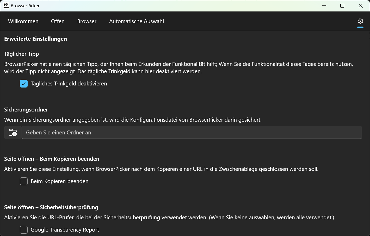 BrowserPicker - Einstellungsseite, auf der Sie den Sicherungsspeicherort für Ihre Konfiguration festlegen können (dunkler Modus).
