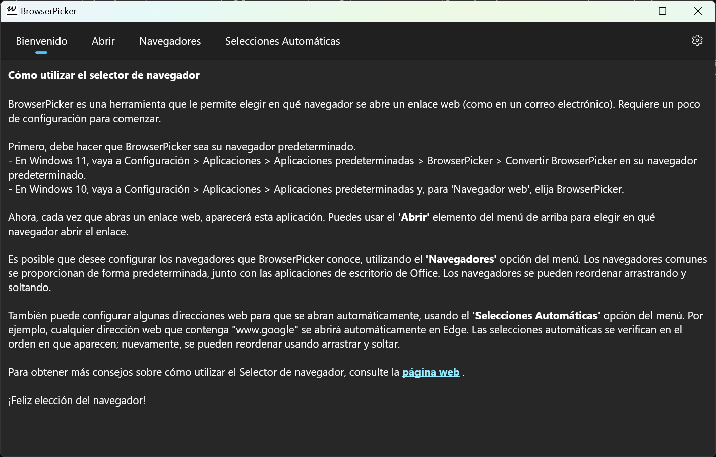 BrowserPicker: página de Bienvenida, con instrucciones básicas de uso (modo oscuro).
