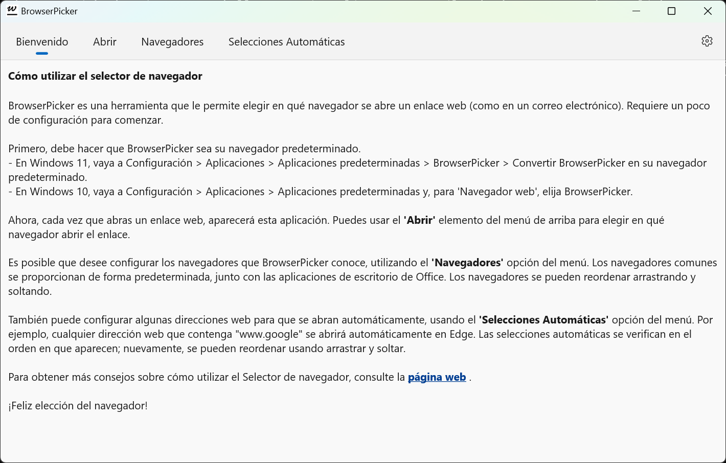 BrowserPicker: página de Bienvenida, con instrucciones básicas de uso.