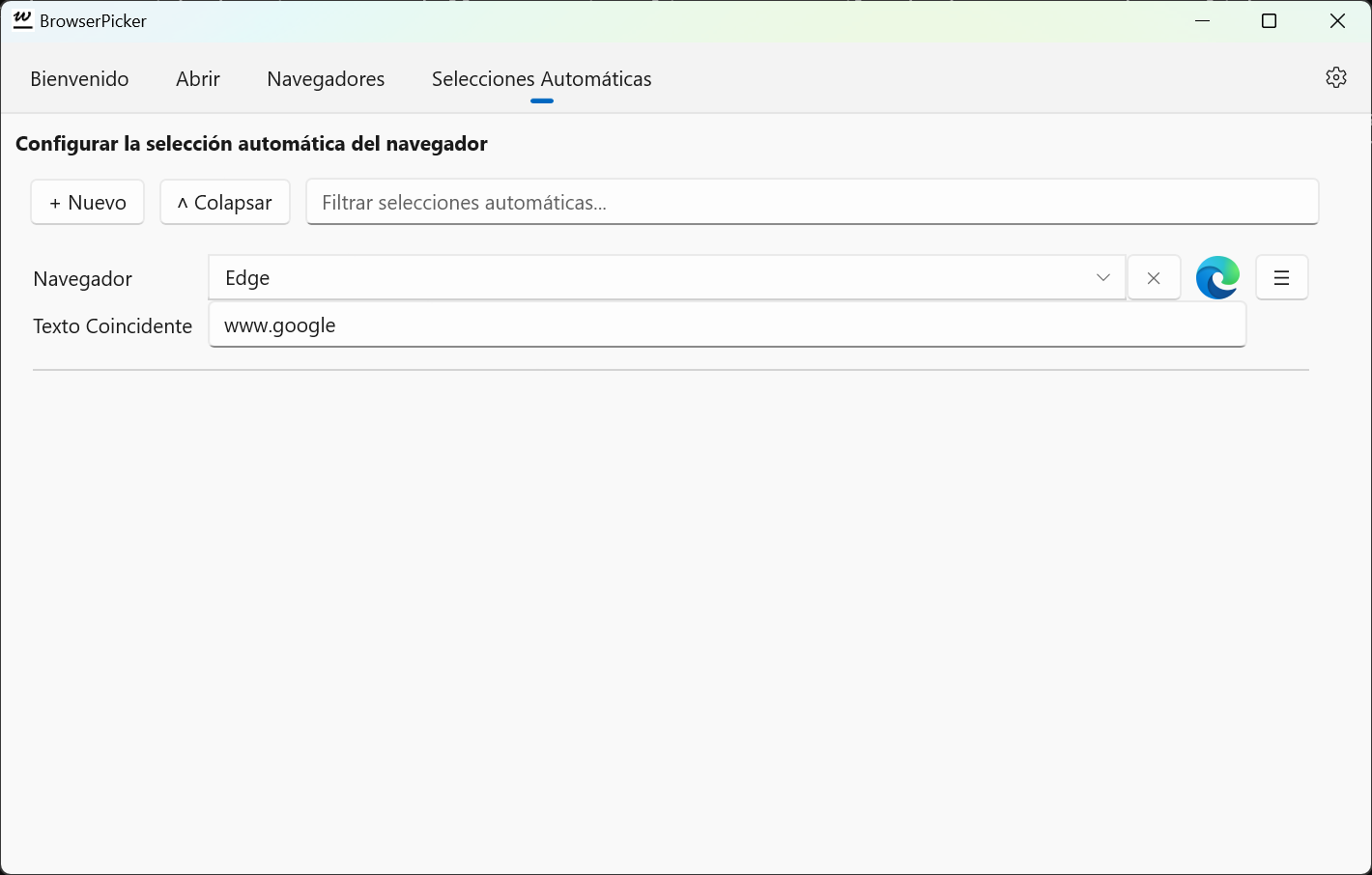 BrowserPicker: página de Selección Automática, donde puede configurar qué navegadores se seleccionan automáticamente en función de la URL.