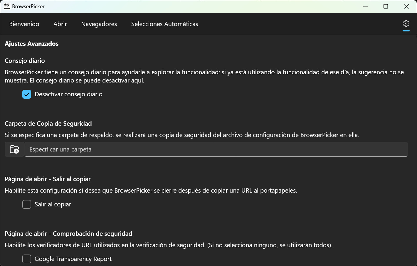BrowserPicker: página de Configuración, donde puede establecer la ubicación de la copia de seguridad para su configuración (modo oscuro).
