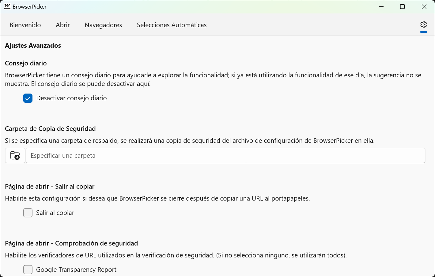 BrowserPicker: página de Configuración, donde puede establecer la ubicación de la copia de seguridad para su configuración.