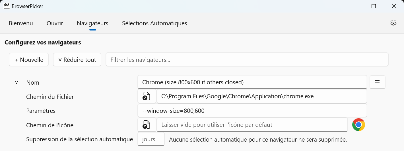 BrowserPicker - Comment configurer Chrome pour ouvrir une certaine taille