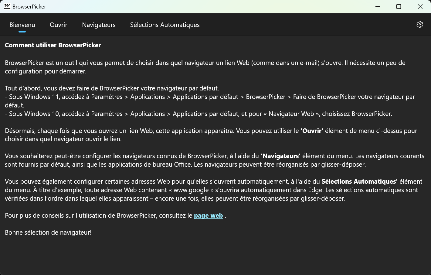 BrowserPicker - Page de bienvenue, avec des instructions d'utilisation de base (mode sombre).