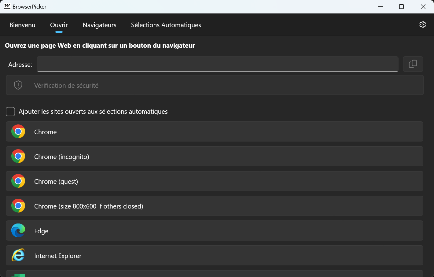 BrowserPicker - Page d'ouverture, qui vous permet d'ouvrir une URL en un seul clic (mode sombre).