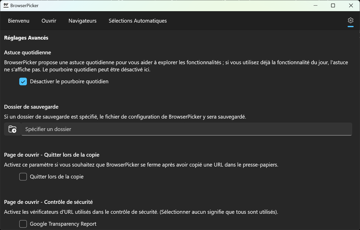 BrowserPicker - Page Paramètres, où vous pouvez définir l'emplacement de sauvegarde de votre configuration (mode sombre).
